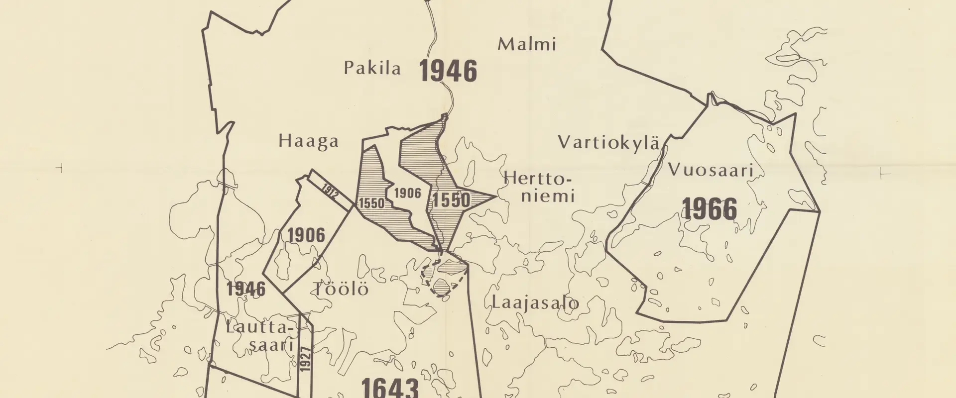 Karta över Helsingfors stads gränsändringar mellan åren 1550 och 1966.