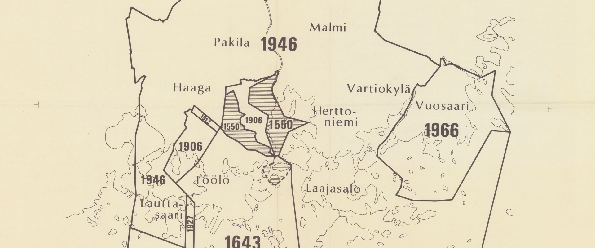 Karta över Helsingfors stads gränsändringar mellan åren 1550 och 1966.