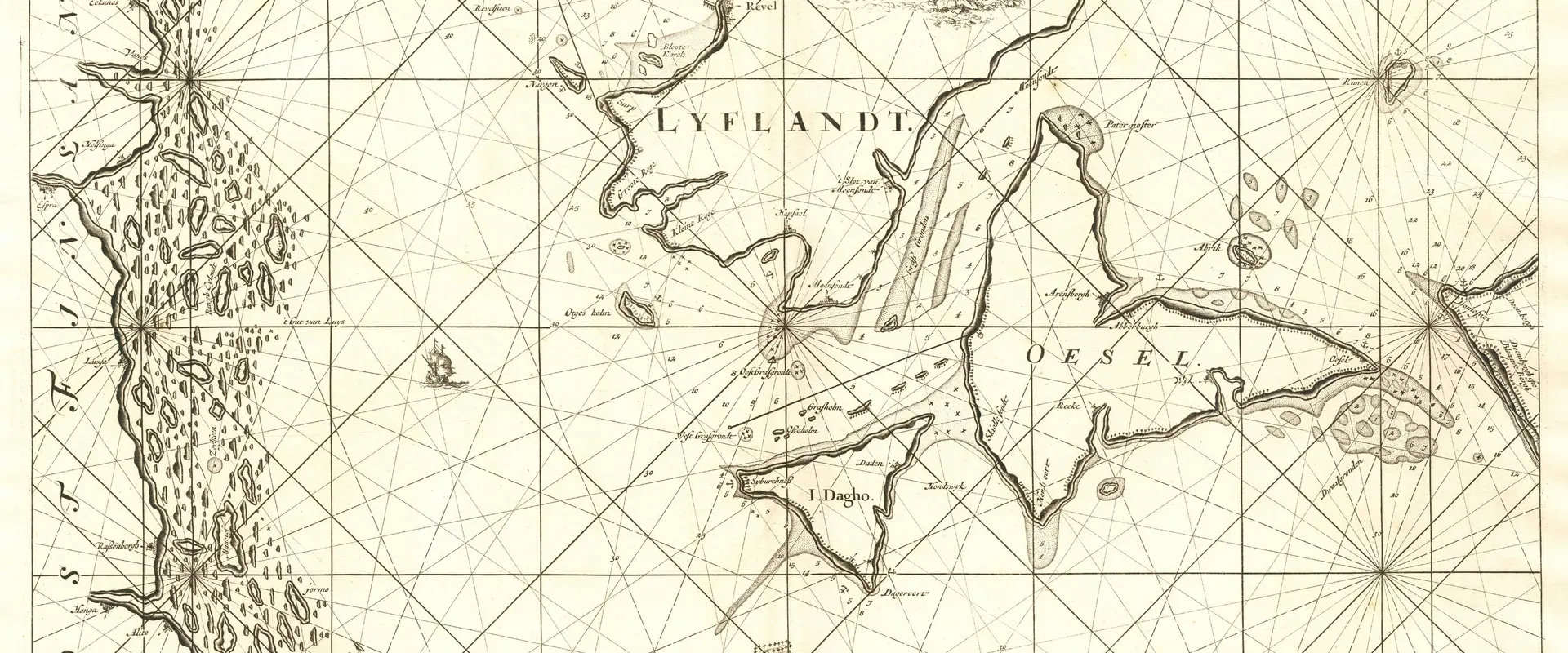 Gammal karta som visar Finlands sydkust och Estlands östkust med öar.