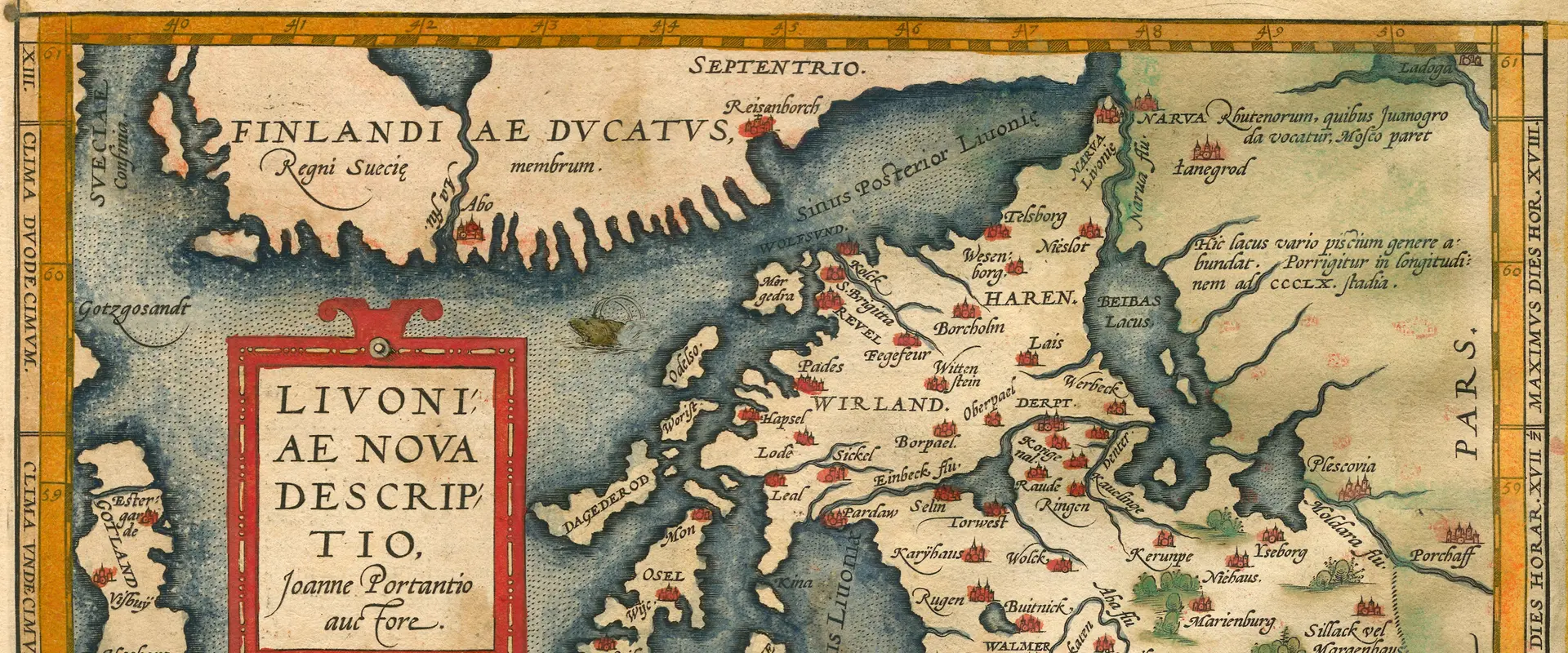 En gammal karta över Östersjöns södra delar. Där syns flera städer i Baltikum, från Finland syns endast Åbo och Raseborg.