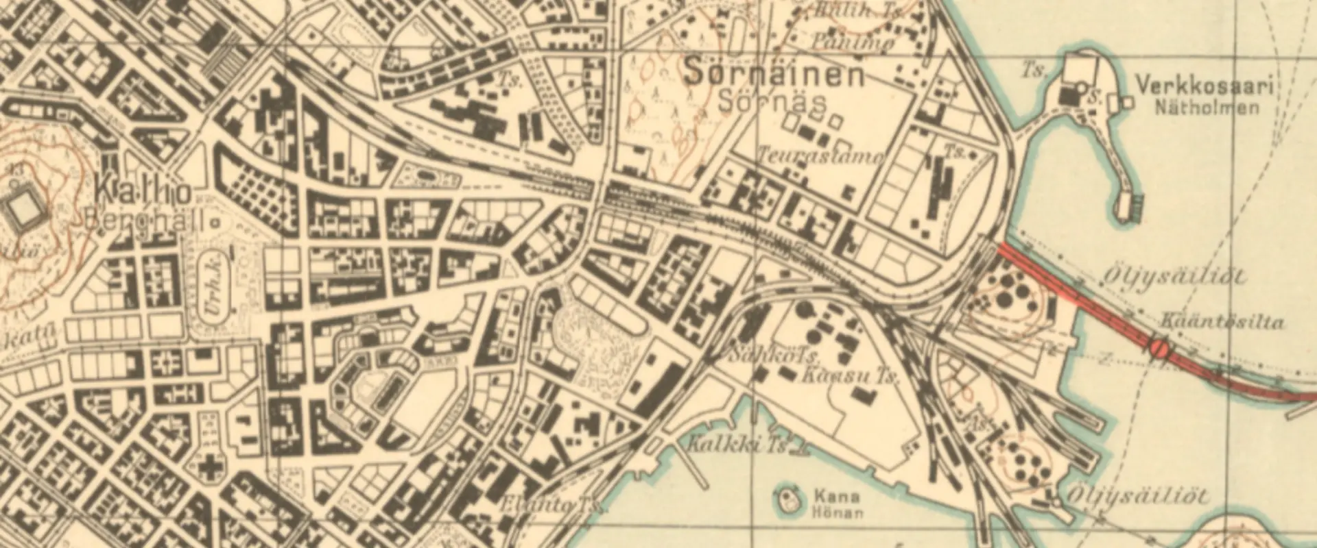 Sörnäs karta från 1932 visar hur byggandet och markutfyllnaderna har framskridit.
