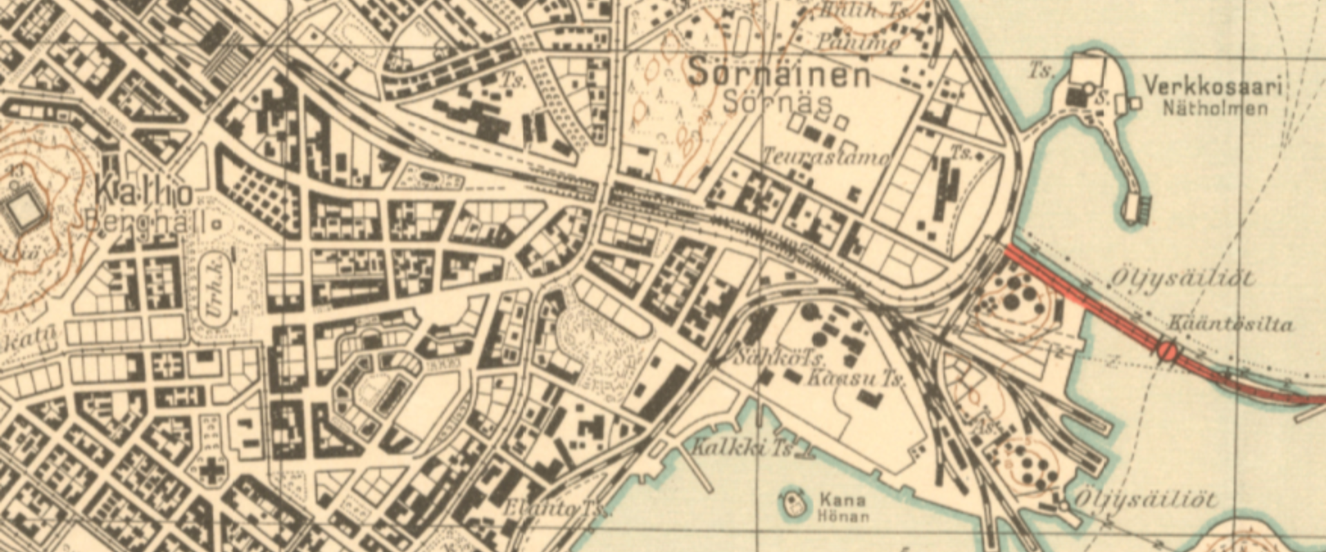Sörnäisten kartta vuodelta 1932 näyttää, miten rakentaminen ja maantäyttö ovat kiihtyneet.