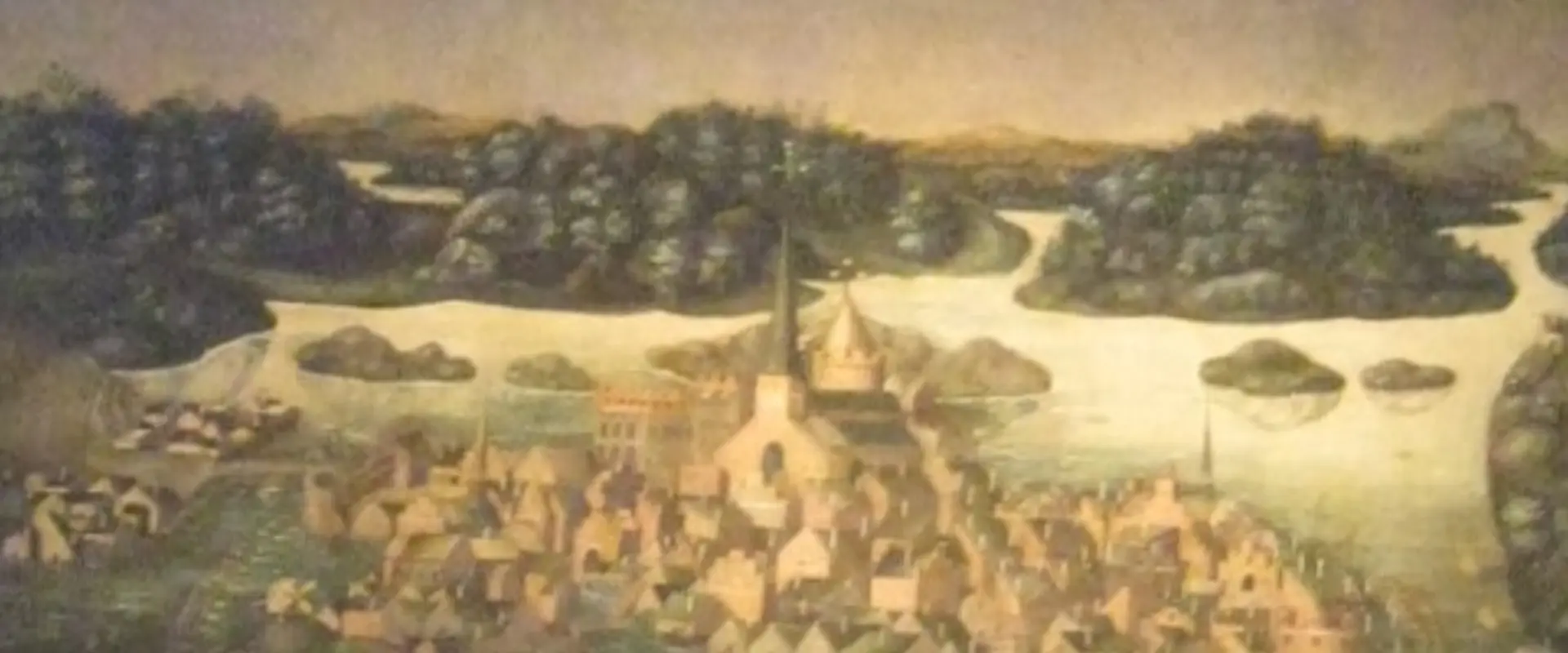 En bild av en tavla som föreställer Stockholm på 1500-talet samt en halo ovanför staden