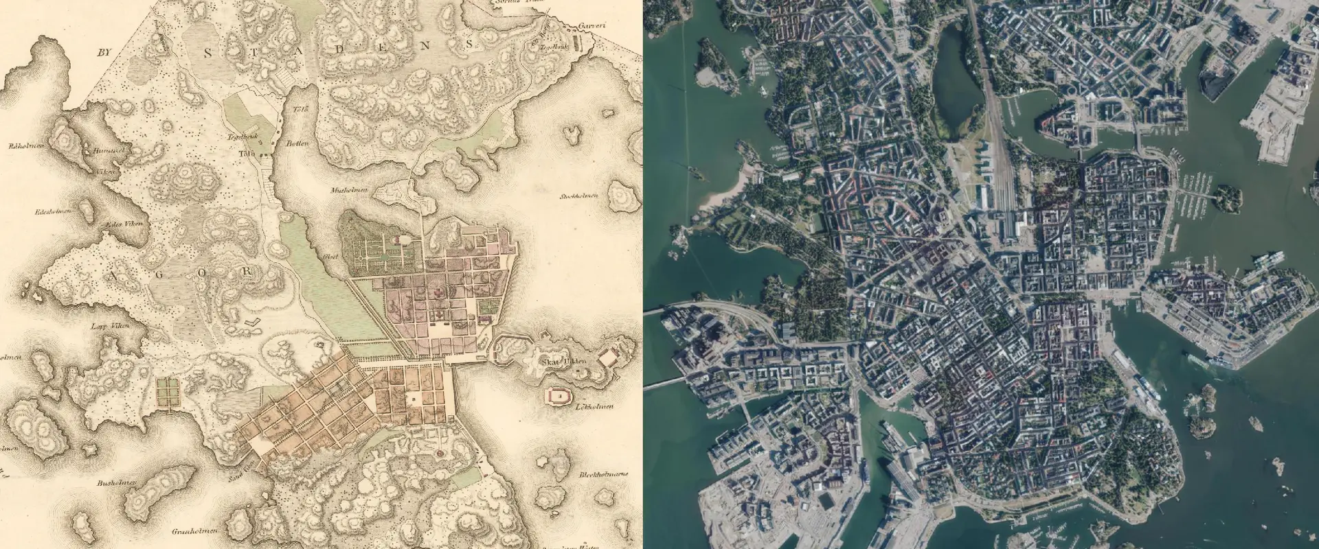 På bilden jämsides två kartor över Helsingfors centrum, till vänster från år 1820 och till höger en luftbild från år 2019. Genom att jämföra kartorna kan man observera hur schaktningen påverkat stadsbilden. Stadens centrum har expanderat mot havet, Gloviken har schaktats igen, precis som en liten sjö i Tölö.