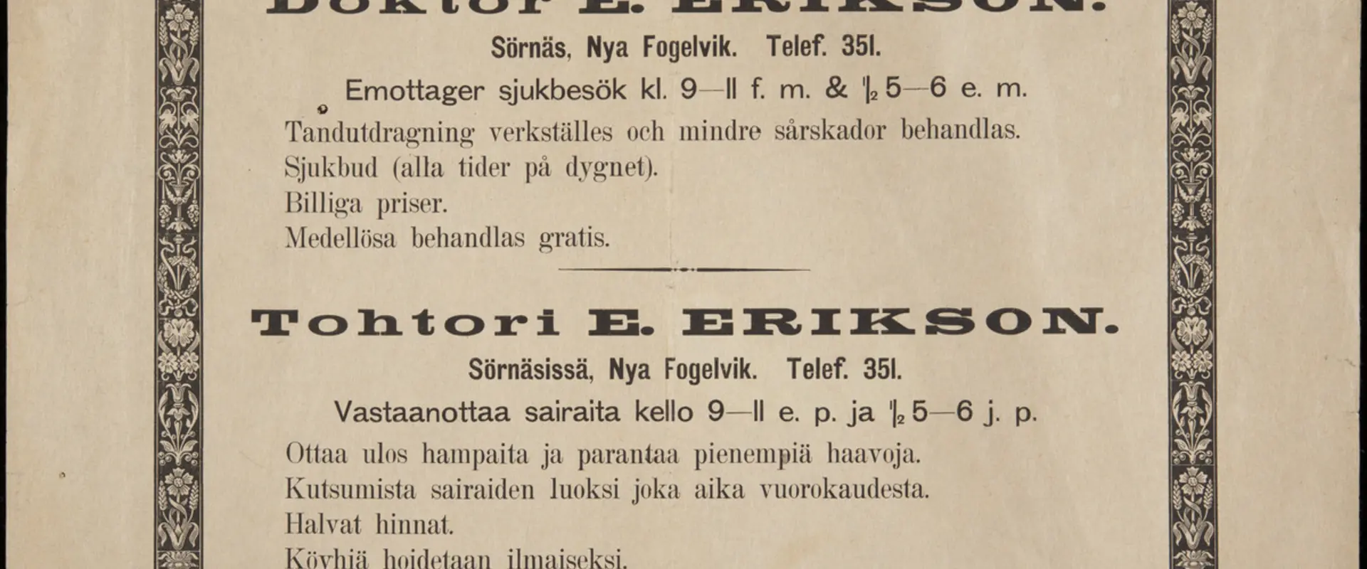 En annons för läkarmottagning på svenska och finska.