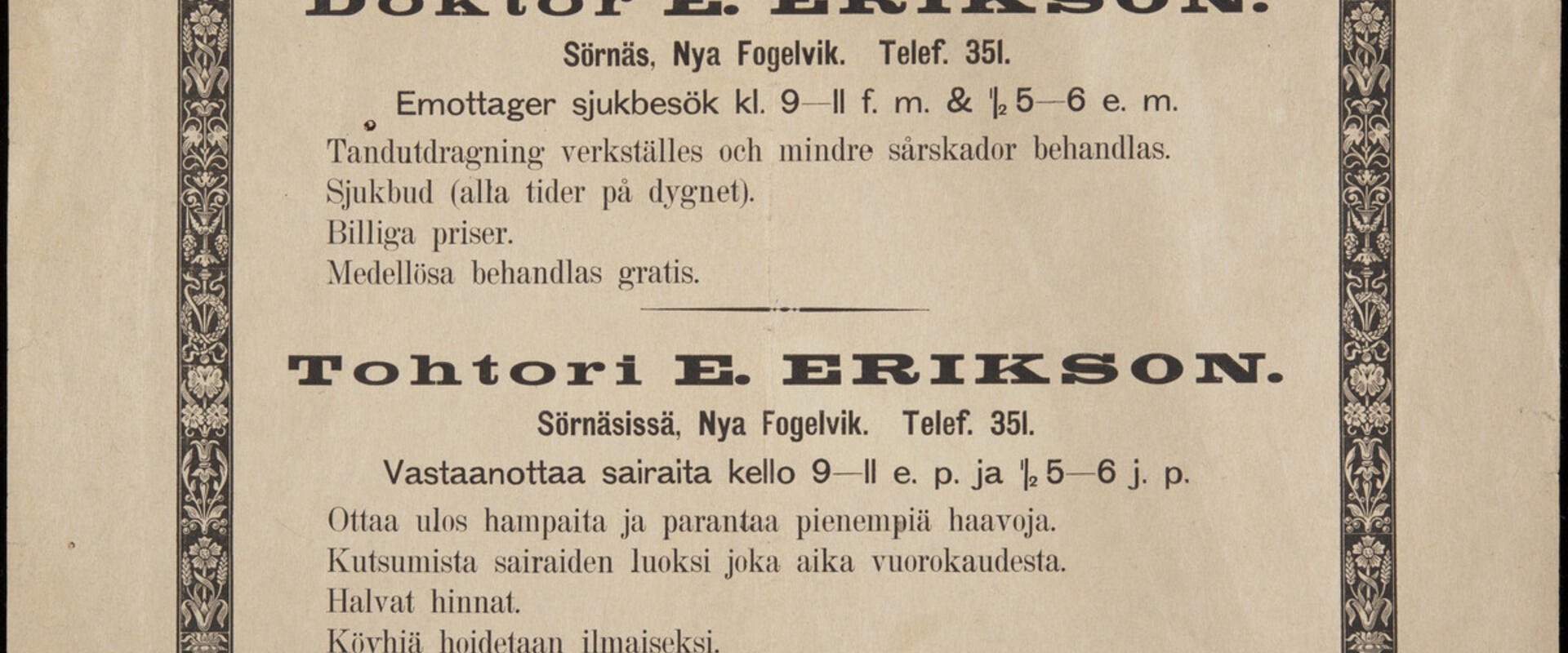 En annons för läkarmottagning på svenska och finska.