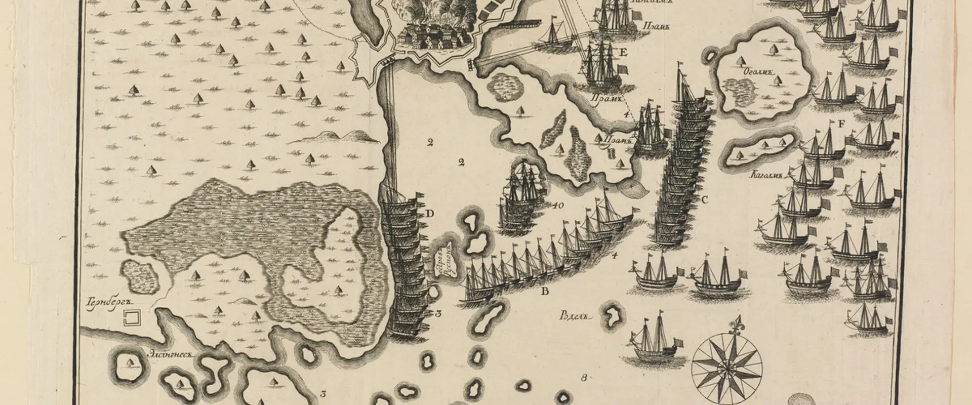 Stiliserad karta som visar det belägrade Helsingfors med havsområden. Krigsfartyg är inritade på kartan. Kartan är försedd med text på ryska.