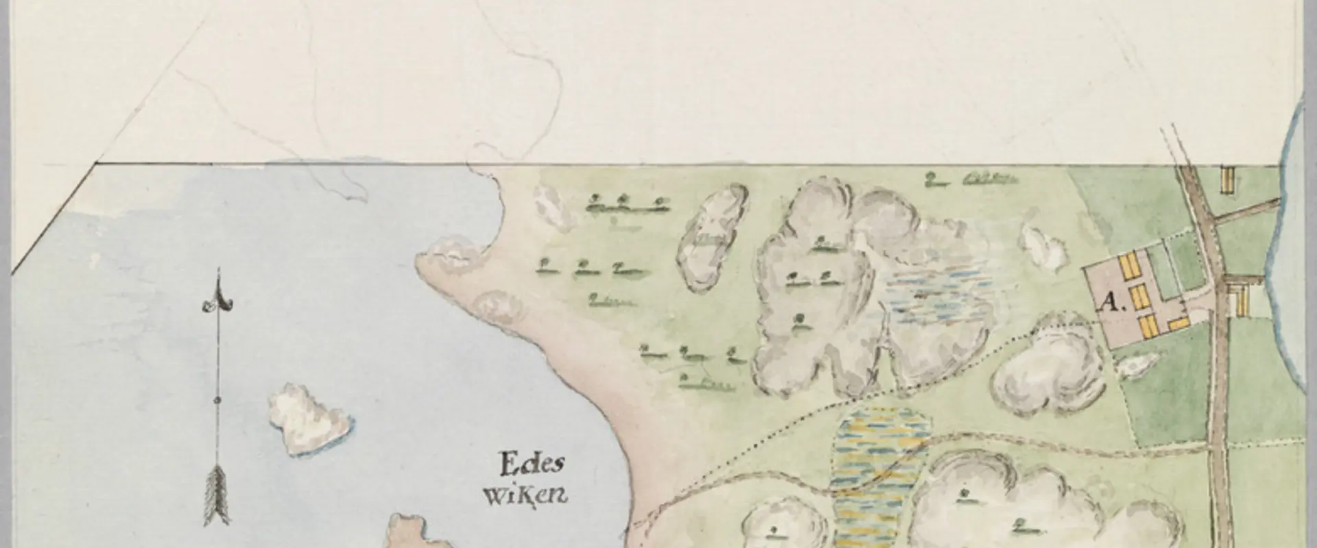Charta som visar Läget af den för Tölö Lazarett utstakade Begrafnings Platts. Helsingfors den 30 Octob: 1826 Pehr Granstedt. Handritad och färglagd.