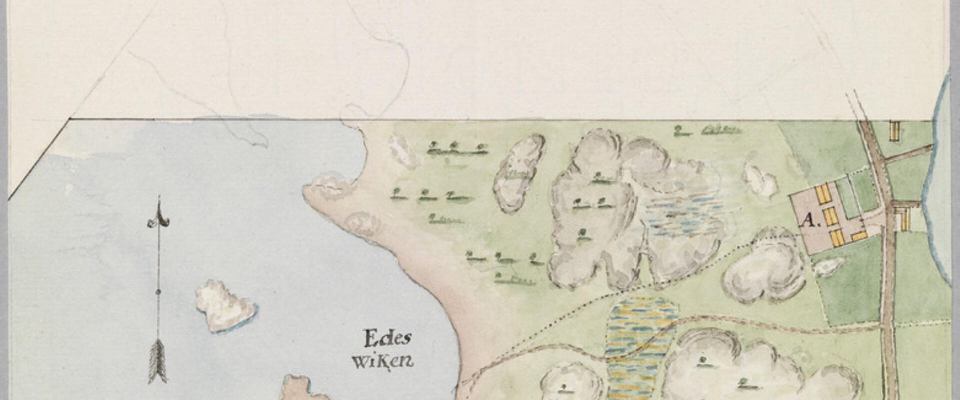 Käsin piirretty ja väritetty kartta Töölön lasaretin hautausmaasta. Päivätty 30.10.1826.Taivallahden rannassa.