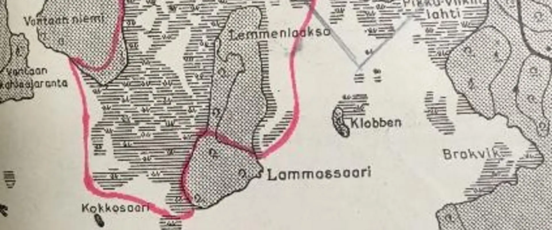 Yksityiskohta kartasta, jossa näkyy silloinen Latokartanonlahti eli nykyinen Vanhankaupunginlahti, Lammassaari, Kuusisaari, Vanhakaupunki ja Pikku-Viikin pellot.