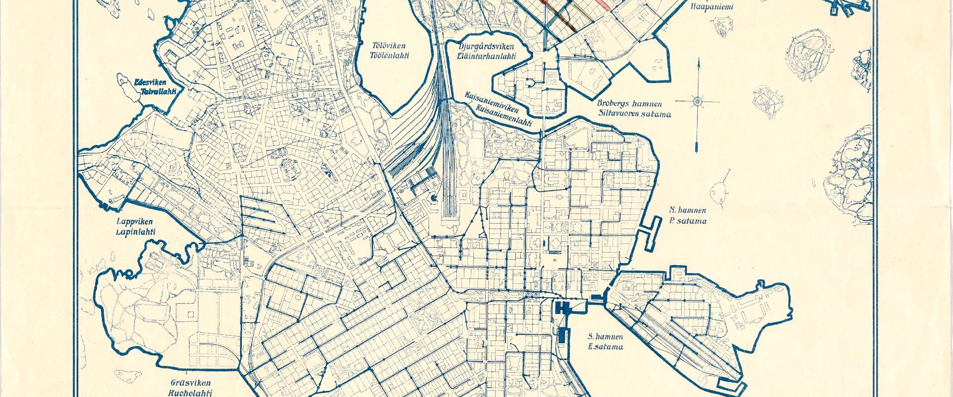 En karta över Helsingfors kloaksystem år 1908. Den norra gränsen går vid Böle.