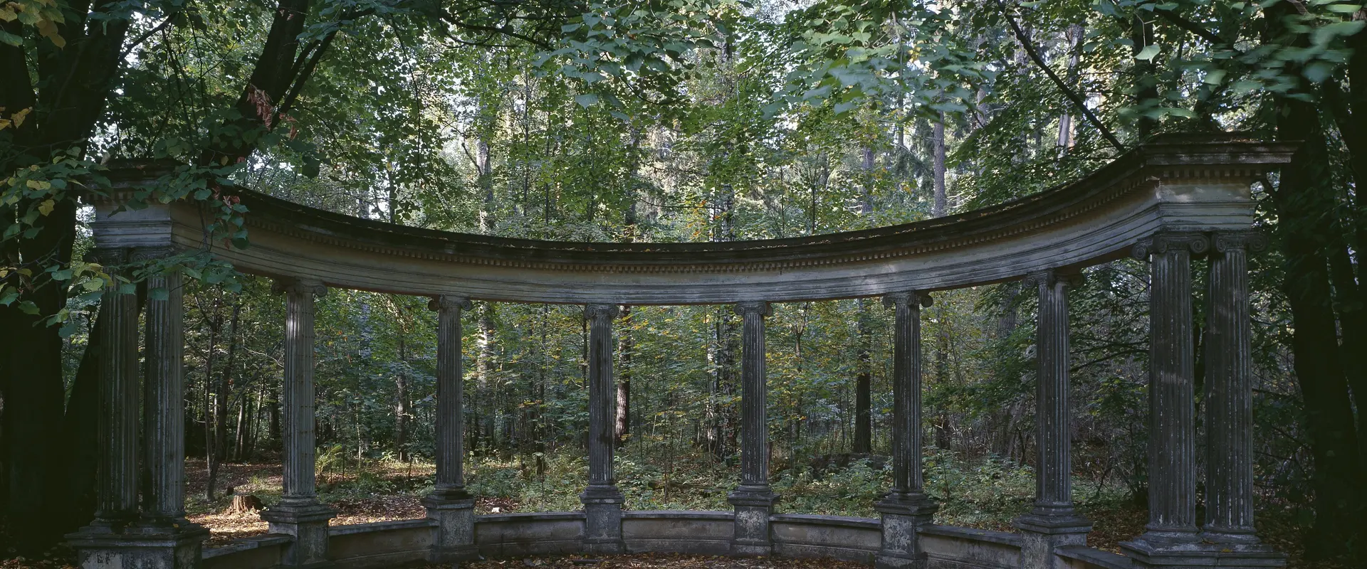 Harmaa pylväskaari metsän keskellä.