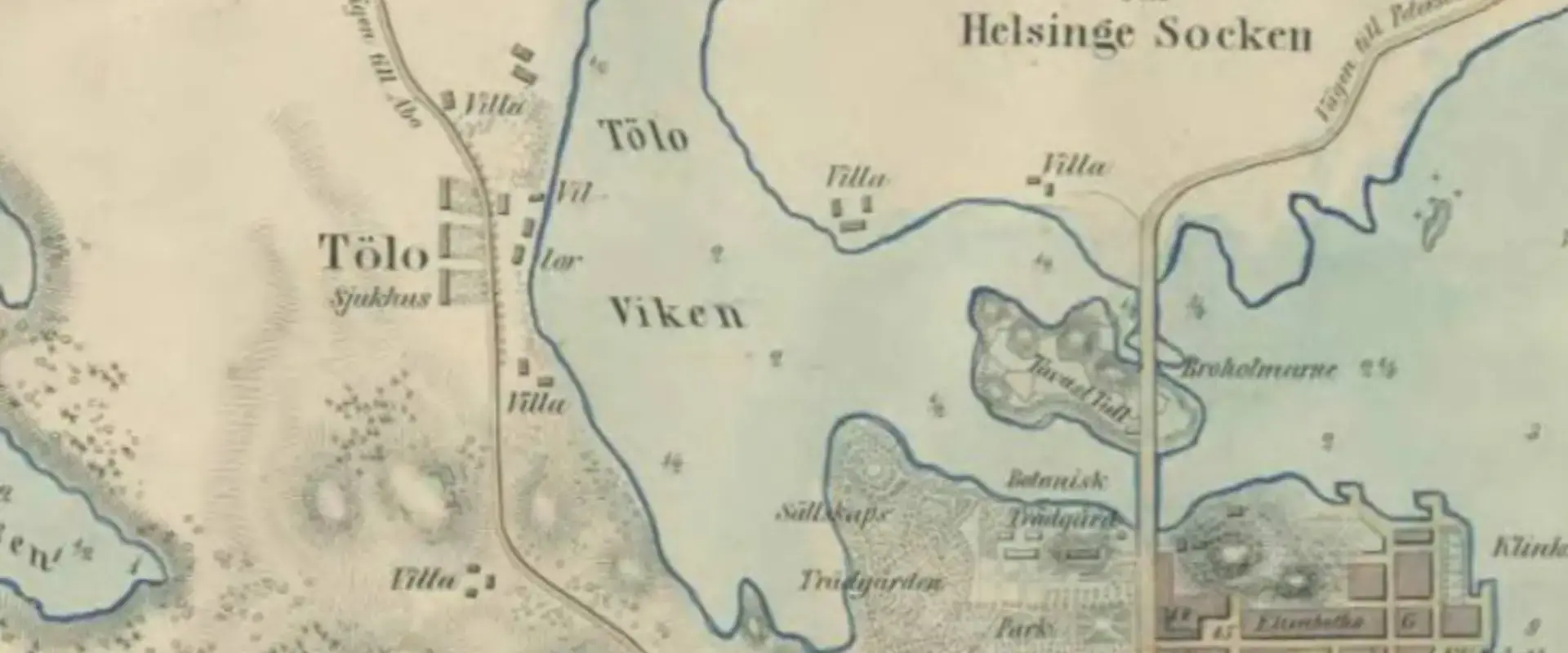 Piirretty kartta, jossa on Töölönlahti ja kolme rakennusta, joiden kohdalla lukee Tölö sjukhus.