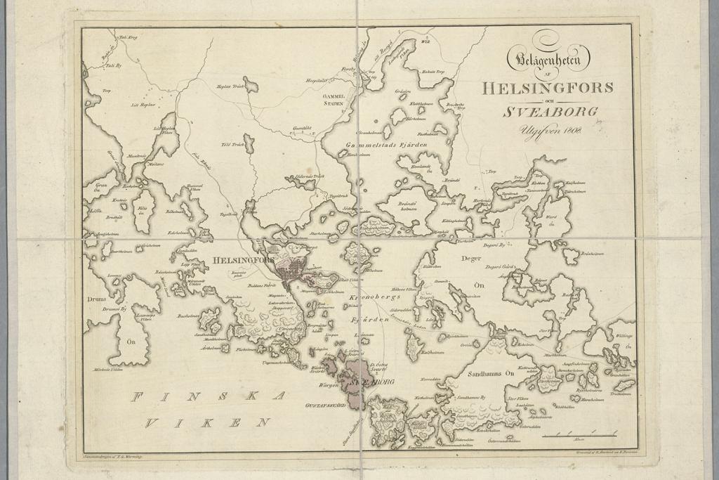 Bild av en gammal karta som visar Helsingfors och Sveaborg
