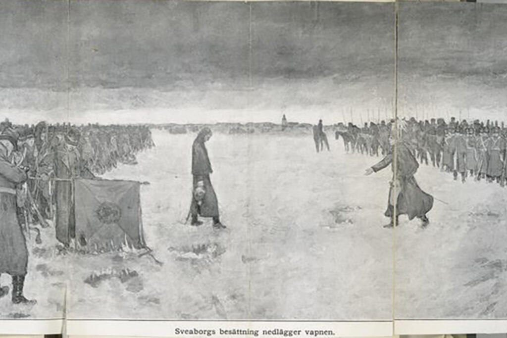 Soldater i en rad på isen. Två män går emot varandra. Den vänstra har huvudet nedböjt och en hatt i handen.