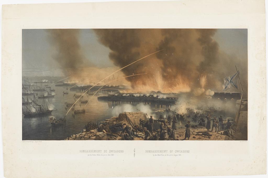 Bild av fästningen, mot vilken det flyger kanonkulor mitt under en brand