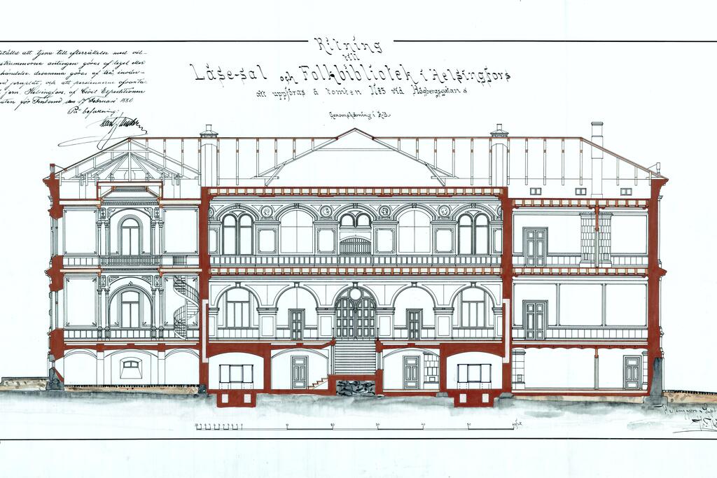 Arkkitehti Theodor Höijerin piirustus syyskuulta 1879 esittää läpileikkausta Rikhardinkadun kirjastosta. Kuvaaja: Helsingin kaupunginarkisto