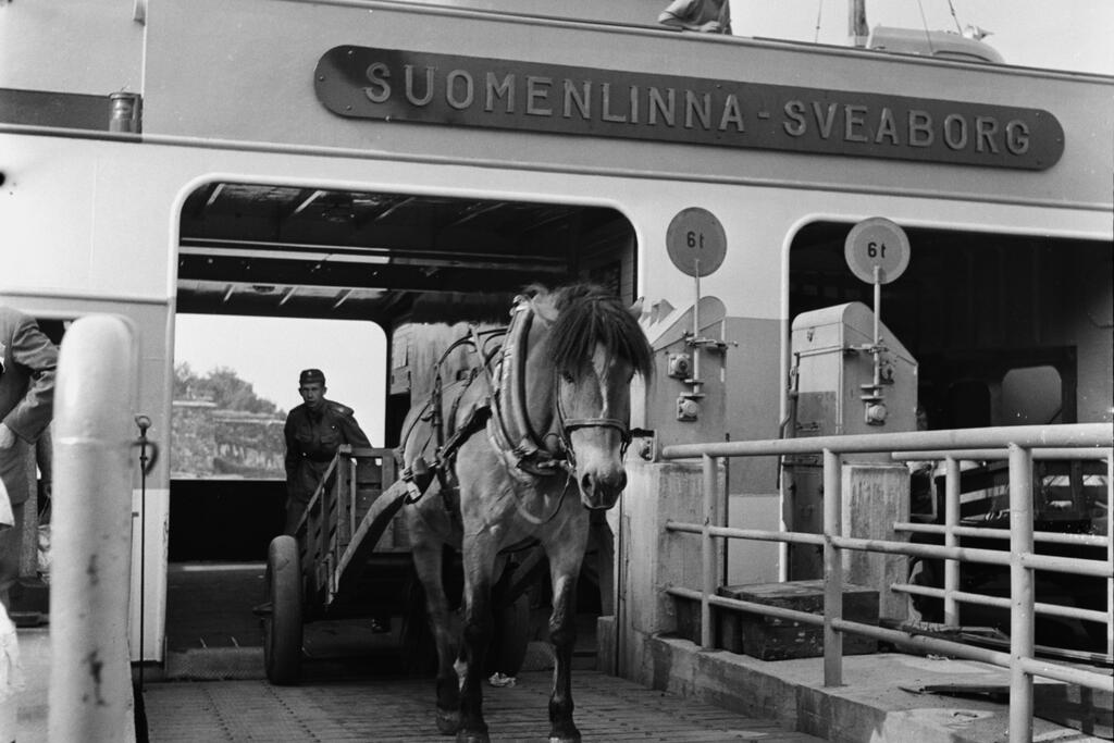 Trafiken i huvudstaden har alltid varit mångsidig. Här anländer ett hästfordon med färjan till Stora Östersvartö i Sveaborg den 10 september 1955. Foto: Helsingfors stadsmuseum / Volker von Bonin