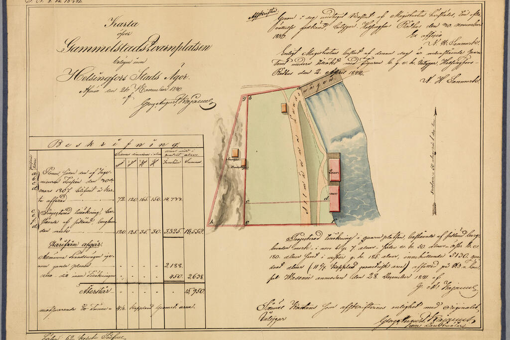 Vanhankaupungin mylly kosken vieressä ja koski maantiesiltoineen, vasemmalla paja ja sauna kallion kupeessa. Piirros vuodelta 1840. Kuvaaja: Helsingin kaupunginmuseo