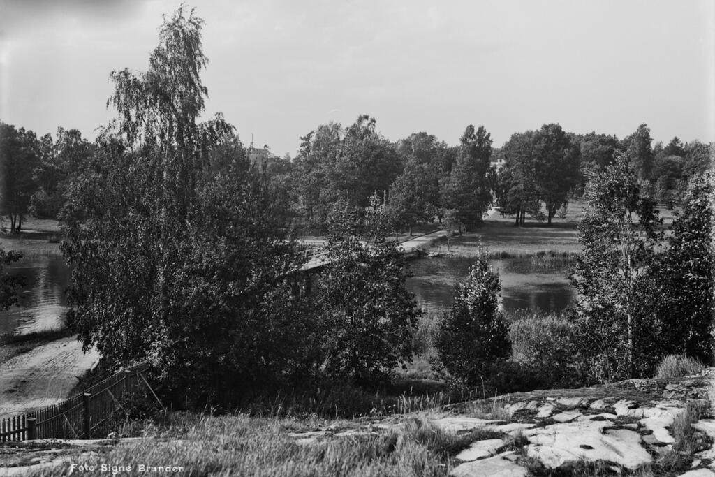 Vuonna 1909 kapea silta vei Meilahdesta Munkkiniemeen, jonka kartano häämöttää puiden takana.  Kuvaaja: Helsingin kaupunginmuseo / Signe Brander