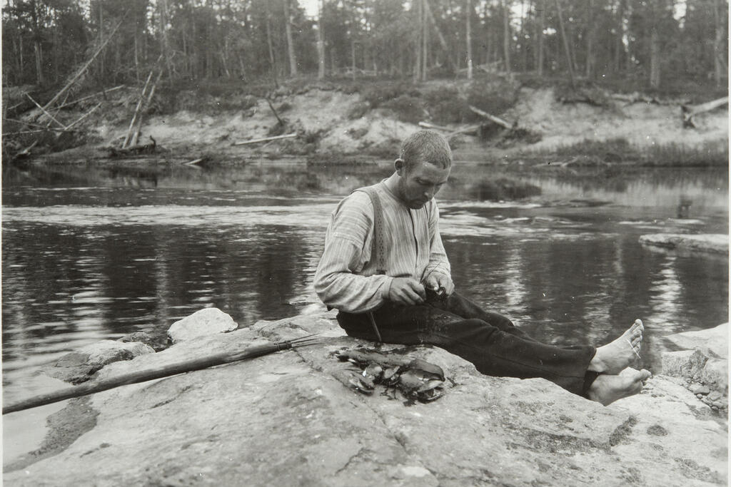 Mies avaa raakkuja löytääkseen helmiä. Vain harvassa raakussa on helmi, ja vain suuret ja hyvin muodostuneet helmet ovat arvokkaita. Kuvaaja: Museovirasto / Ilmari Manninen