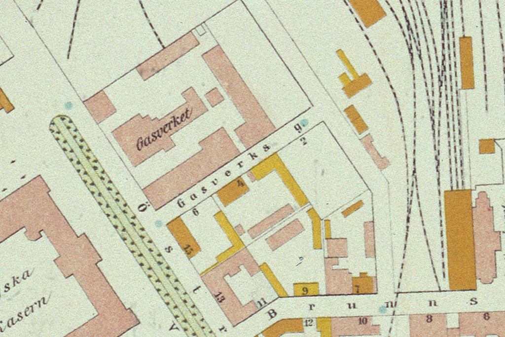 Kaasutehtaan alue vuoden 1878 asemakaavan mukaan. Kaasutehtaankadun nimi muutettiin 1930-luvun lopulla Postikaduksi. Kuvaaja: Helsingin karttapalvelu