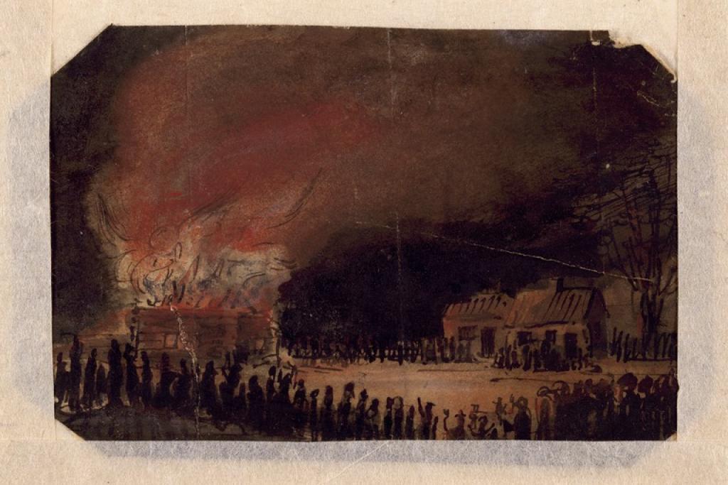 Eldsvådor var ett gissel i trähusstaden. Robert Wilhelm Ekmans målning från slutet av 1840-talet visar en brinnande stuga i ett nattligt Helsingfors.  Foto: Helsingfors stadsmuseum