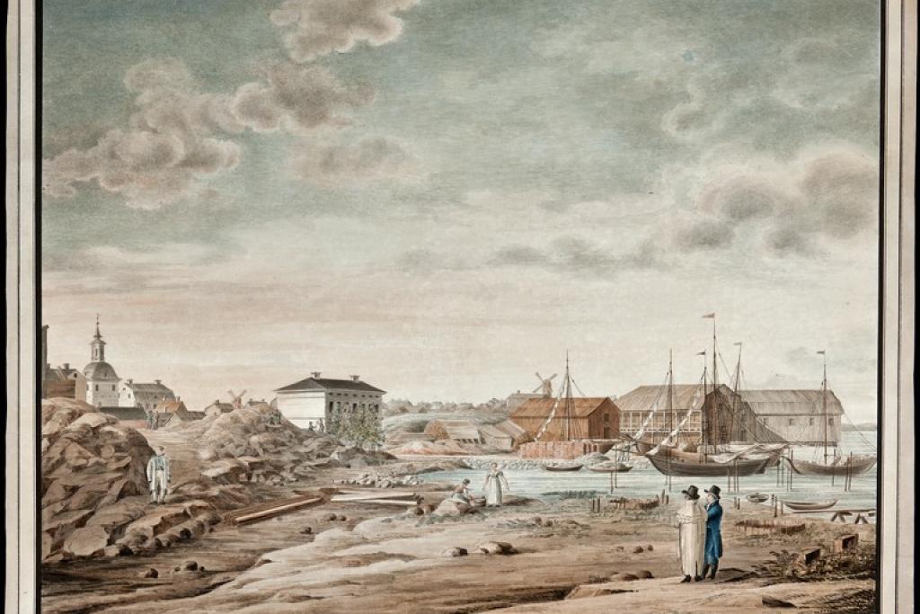 Carl Ludvig Engelin maalaus vuodelta 1812 kuvaa Kruununhaan Pohjoissatamaa Katajannokalta nähtynä. Kuvaaja: Helsingin kaupunginmuseo