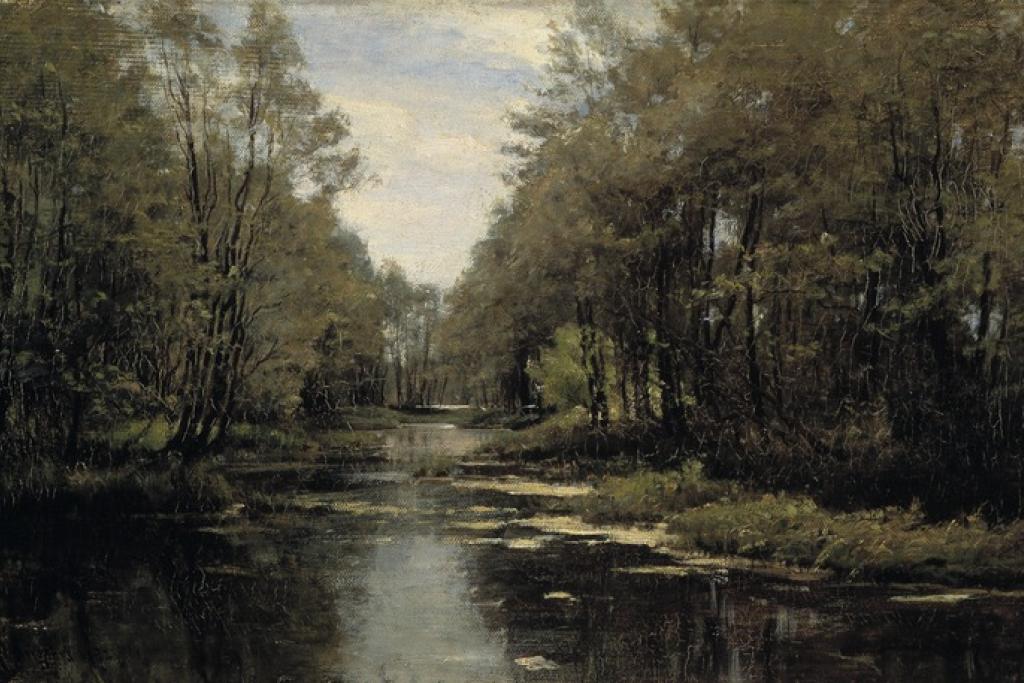 Brunnsparken har inte alltid varit bara gräsmatta och träd. Berndt Lindholms målning från år 1872 visar en damm i parkens nordvästra del.  Foto: Helsingfors stadsmuseum