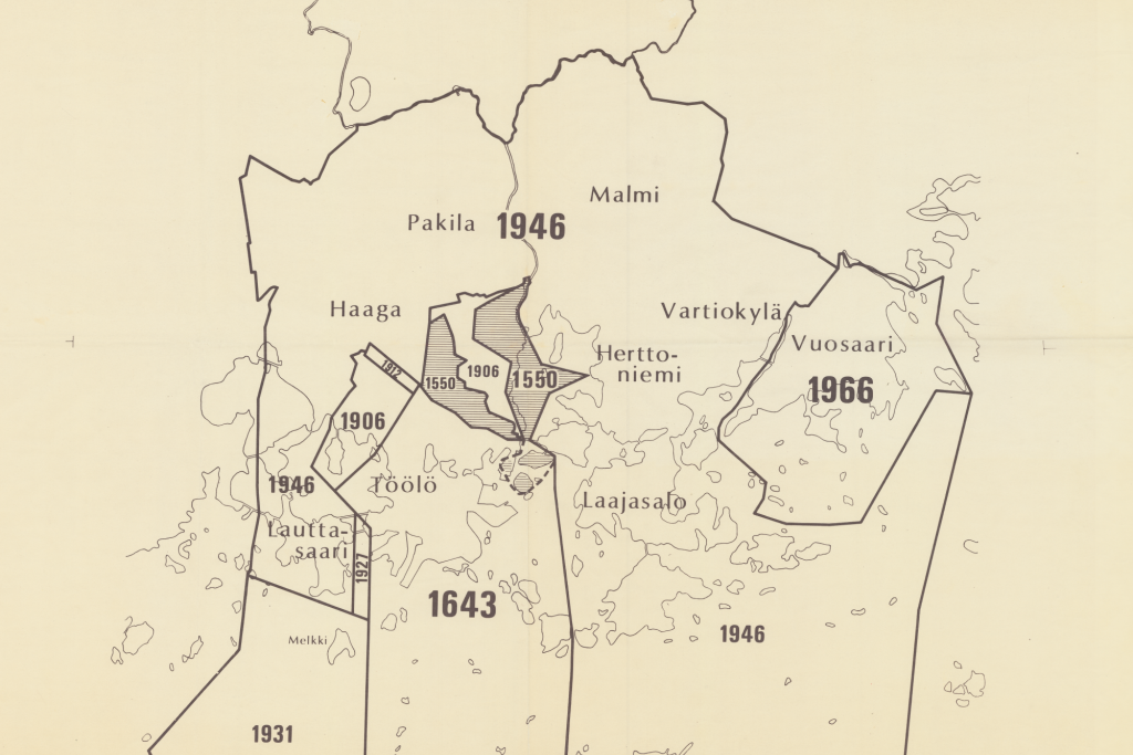 Helsingin kaupungin laajeneminen vuodesta 1550 vuoteen 1966. Kuvaaja: Helsingin kaupunginarkisto