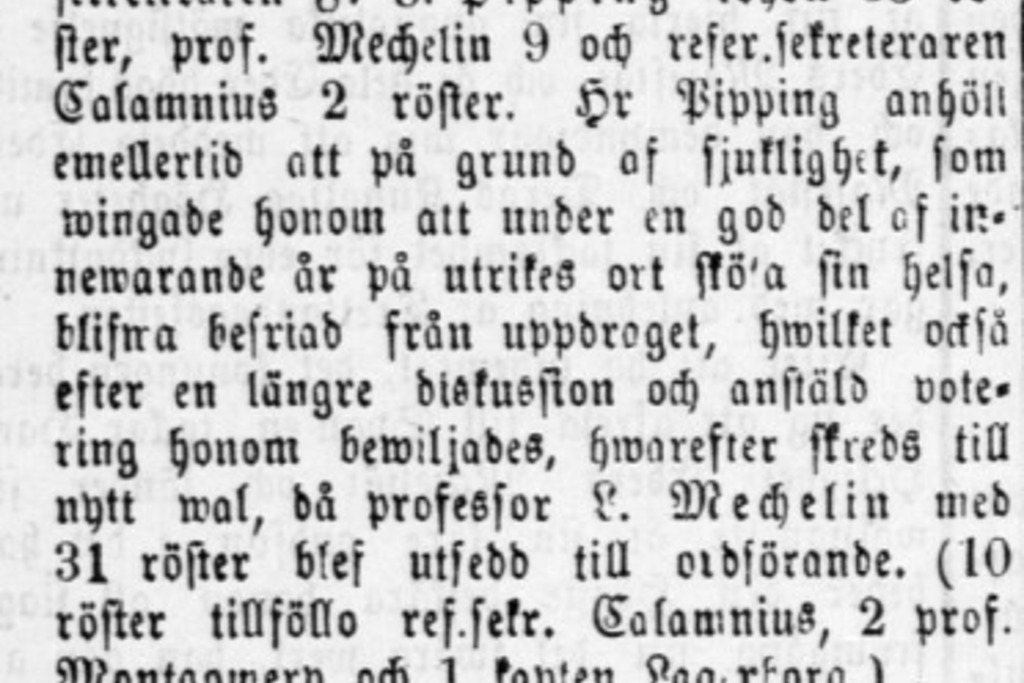 Hufvudstadsbladet kertoi 14.1.1875 kaksi päivää aikaisemmin pidetystä Helsingin kaupunginvaltuuston ensimmäisestä kokouksesta. Koska valtuustot olivat uusi asia, lehdissä kerrottiin yleisesti myös muiden kaupunkien valtuustoista. Kuvaaja: Kansalliskirjaston digitaaliset kokoelmat