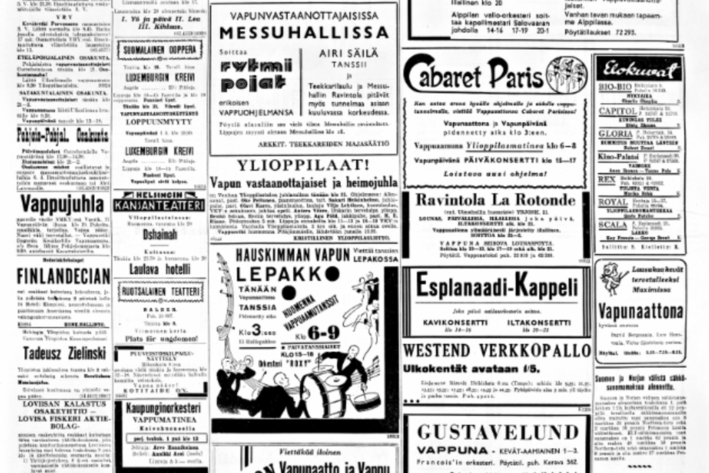 Sanomalehti-ilmoitukset olivat pitkään ensisijainen tapa saada tietoa ajankohtaisista asioista, kuten vaikkapa vapun eri tapahtumista. Klikkaa kuvaa nähdäksesi koko sivu. (Uusi Suomi 30.4.1936, sivu 4) Kuvaaja: Kansalliskirjasto
