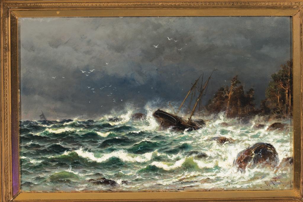 Öljyvärimaalaus esittää laivaa, joka on uppoamassa myrskyssä.