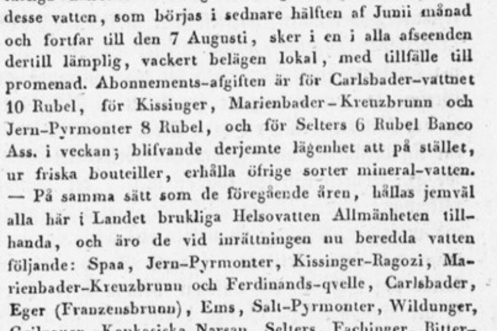 Hartwallin ja Bonsdorffin vesivalikoima oli sangen laaja jo vuonna 1836. Helsingfors Tidningar, 18.5.1836. Kuvaaja: Kansalliskirjasto