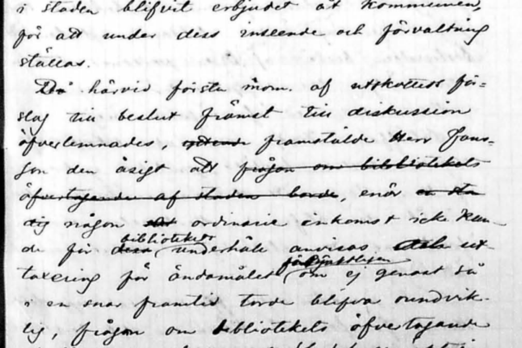 Kaupunginvaltuuston kokouksessa 28.3.1876 käsiteltiin kansankirjaston ottamista kaupungin hoitoon.  Asian käsittelyä selostetaan pöytäkirjassa kolmen sivun verran. (Kaupunginvaltuuston pöytäkirjat 21.3. –9.5.1876) Kuvaaja: Helsingin kaupunginarkisto, Sinetti-arkistotietojärjestelmä