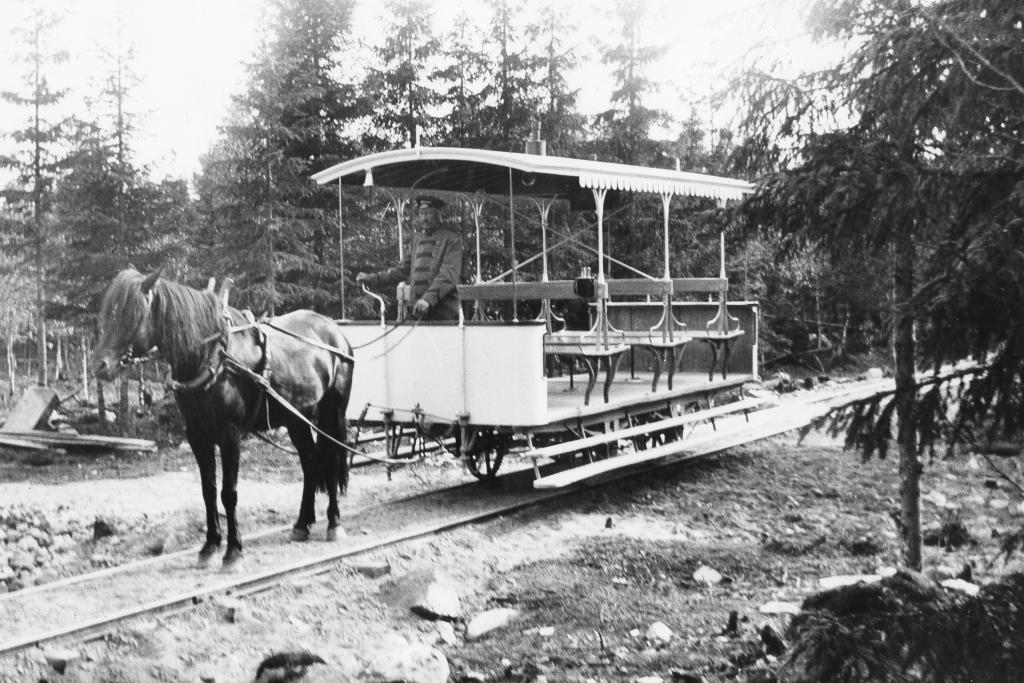 På Drumsö gick under några års tid en hästdragen spårvagn. Finna. Foto: Helsingfors stadsmuseum / Okänd fotograf