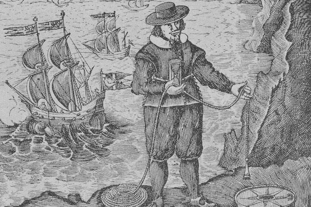  Styrman eli luotsi Johan Månssonin merikirjan alkusivulla. Kädessään hänellä on luotiliina ja tiimalasi sekä maassa kompassi.  Kuvaaja: Sveriges Digitala Lotsmuseum