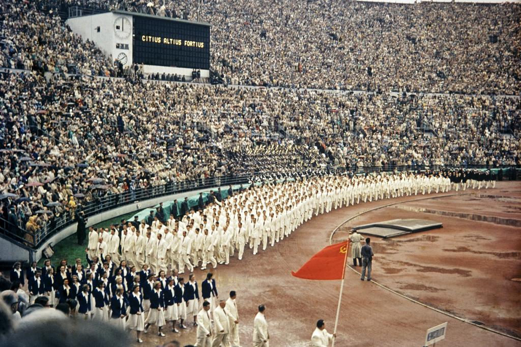 The Soviet team marches in the opening ceremony of the Helsinki Olympics. The Soviet Union participated in the Olympics for the first time. Photograph: Olympia-kuva oy / Helsinki City Museum  Photo: Olympia-kuva oy / Helsingin kaupunginmuseo
