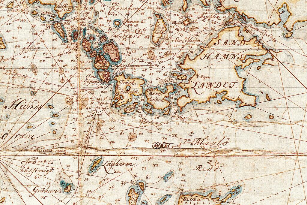 Osasuurennos kartografi ja luotsilaitoksen ylipäällikkö Jonas Hahnin korkeatasoisesta kartasta vuodelta 1750. Kuvaaja: Krigsarkivet, Tukholma
