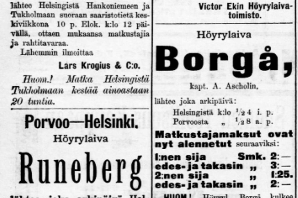 Höyrylaivareiteistä, aikatauluista ja matkojen hinnoista ilmoitettiin lehdissä. (Päivälehti 19.8.1892) Klikkaa kuvaa nähdäksesi enemmän. Kuvaaja: Kansalliskirjaston digitaaliset kokoelmat