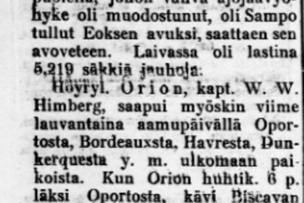 Jos laivamatkalla sattui jotain erityistä, kuten tulipalo, haaksirikko tai ankarat sääolot, siitä raportoitiin erikseen. Tekstissä mainittu 'loistolaiva' tarkoittaa majakkalaivaa. (Päivälehti 3.5.1899) Klikkaa kuvaa nähdäksesi enemmän. Kuvaaja: Kansalliskirjaston digitaaliset kokoelmat