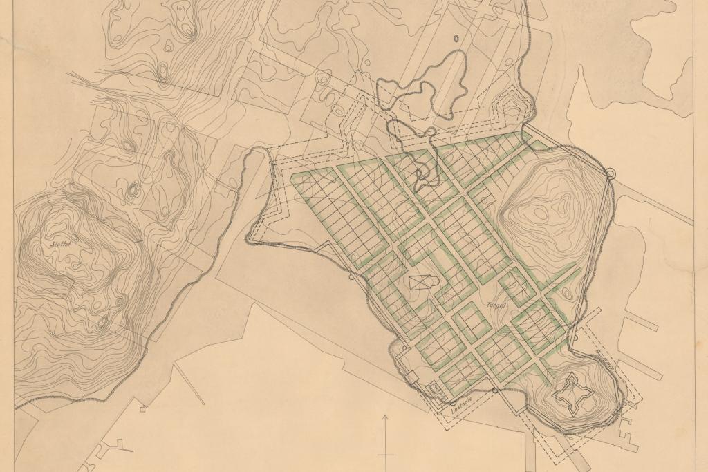Förslag till detaljplan för ett nytt Helsingfors på Sörnäs, anno 1639. Man hade redan hunnit märka ut byggnadernas lägen i terrängen, då beslut fattades om att överge planerna och hitta en ny placering.  Foto: Helsingfors stadsarkiv