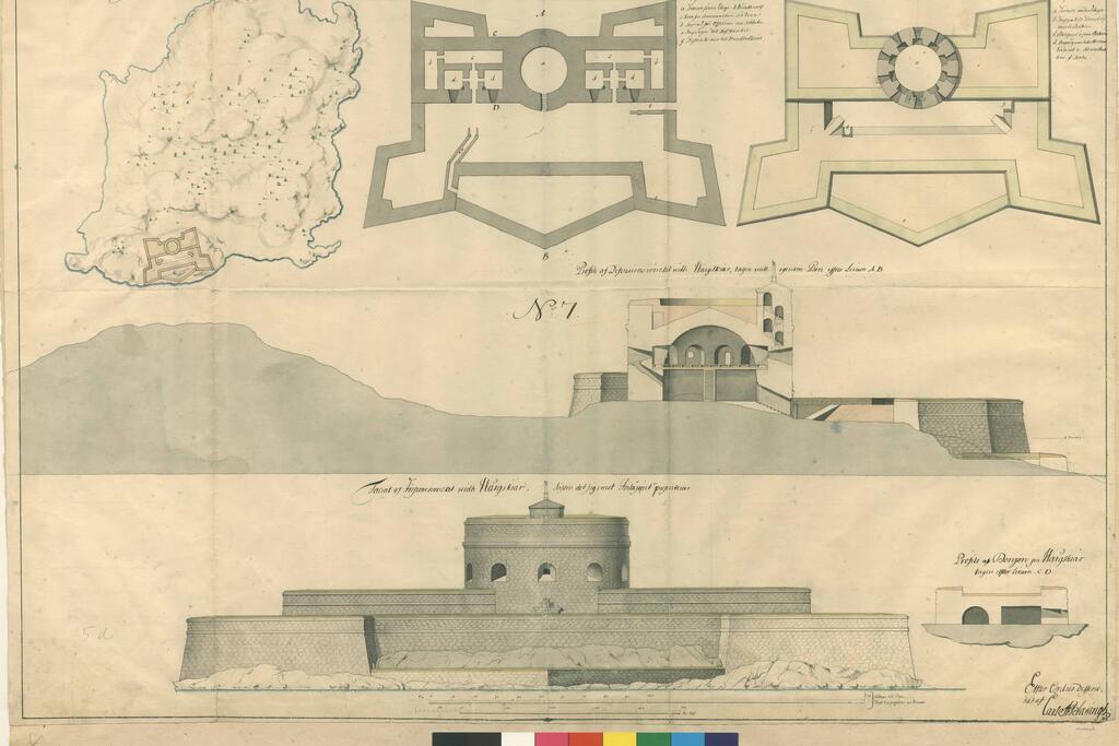 Blässingin Susisaareen suunnittelema toteutumaton linnoitus vuodelta 1740. 
 Kuvaaja: Krigsarkivet, Tukholma