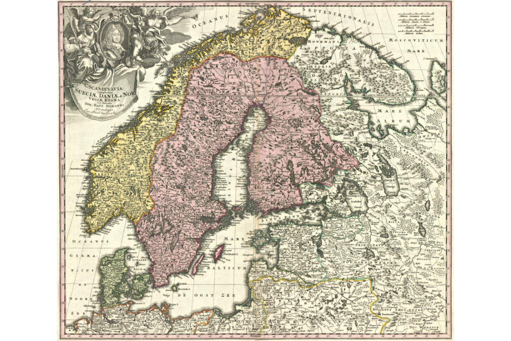 Gammal karta över Norden. Konungariket Sverige sträckte sig i öst till Kymmene älv. 