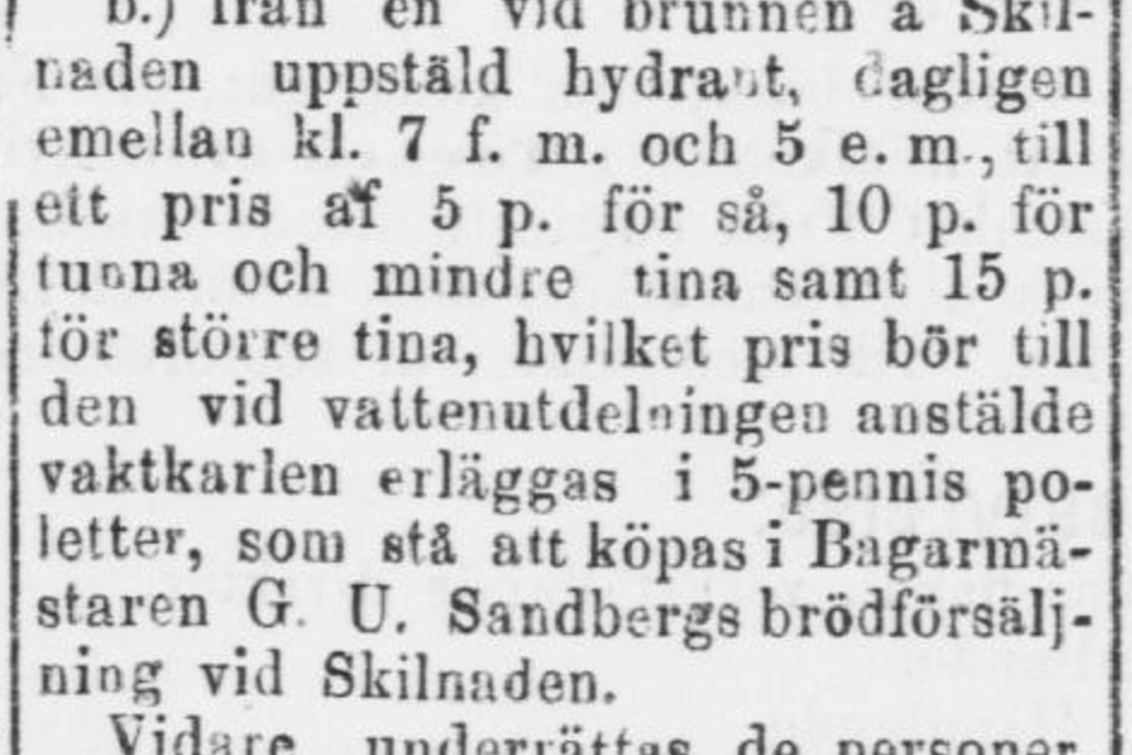 Helsingfors Dagblad 1.12.1876 upplyser om vattendelning från den nyss öppnade ledningen. Foto: Nationalbiblioteket