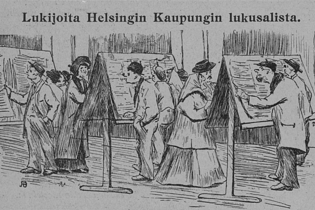 Helsingin kaupunginkirjaston alkeelliselle lehtisalille irvailtiin Velikulta-lehdessä 29.12.1913. Pystytelineiden tarkoitus oli ehkäistä lehtien repimistä tai varastamista sekä asiakkaiden häiritsevää oleilua salissa. Kuvaaja: Kansalliskirjaston digitaaliset kokoelmat