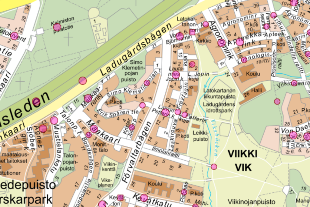 Helsingin kadunnimillä voi olla pitkät juuret. Helsingin karttapalvelussa voit klikkaamalla vaaleanpunaisia palloja lukea kadunnimen tarinan. https://kartta.hel.fi/?link=dXLs3W Kuvaaja: Helsingin karttapalvelu