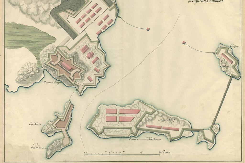 Kapteeni B. Virginin suunnitelma vuodelta 1743 Kaivopuiston mäen ja Uunisaaren salmen linnoitttamiseksi, jossa satama olisi tullut Harakan ja Särkän väliselle alueelle.  Kuvaaja: Krigsarkivet, Tukholma
