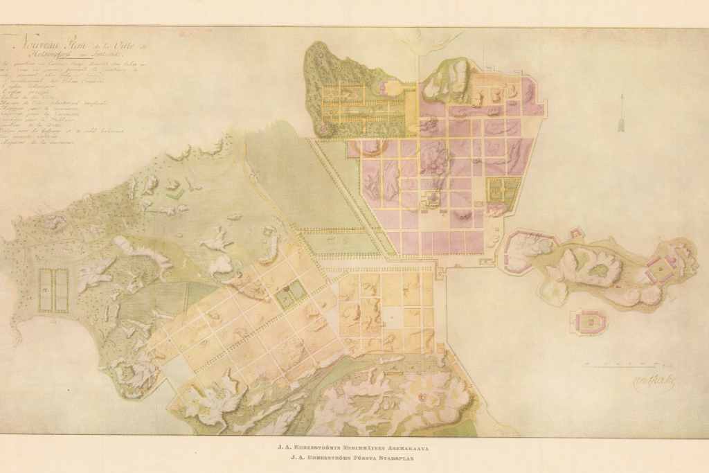 J.A. Ehrenströms första detaljplan för den nya huvudstaden anno 1820. I planen är till exempel en kanal mellan Gloet och Salutorget inritad.  Foto: Helsingfors stadsarkiv