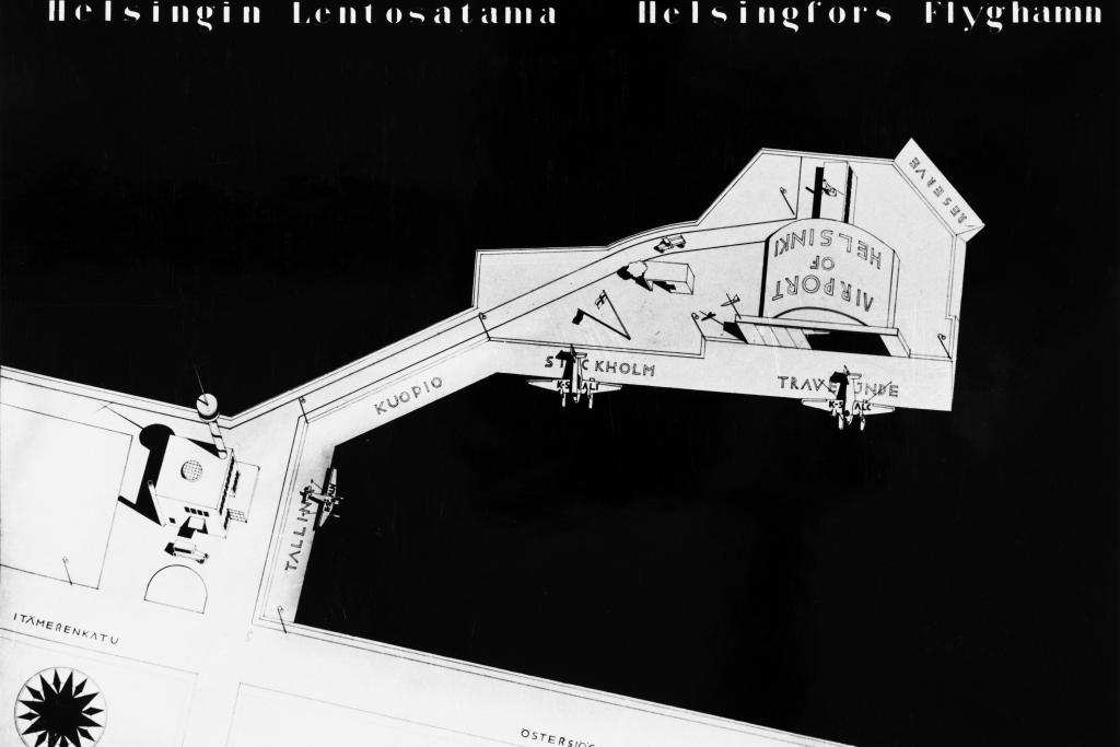 Helsinkiin vuonna 1929 avatun Kellosaaren lentoaseman suunnitelma. Laiturit on nimetty tulevien lentokohteiden mukaan.  Kuvaaja: Helsingin kaupunginmuseo